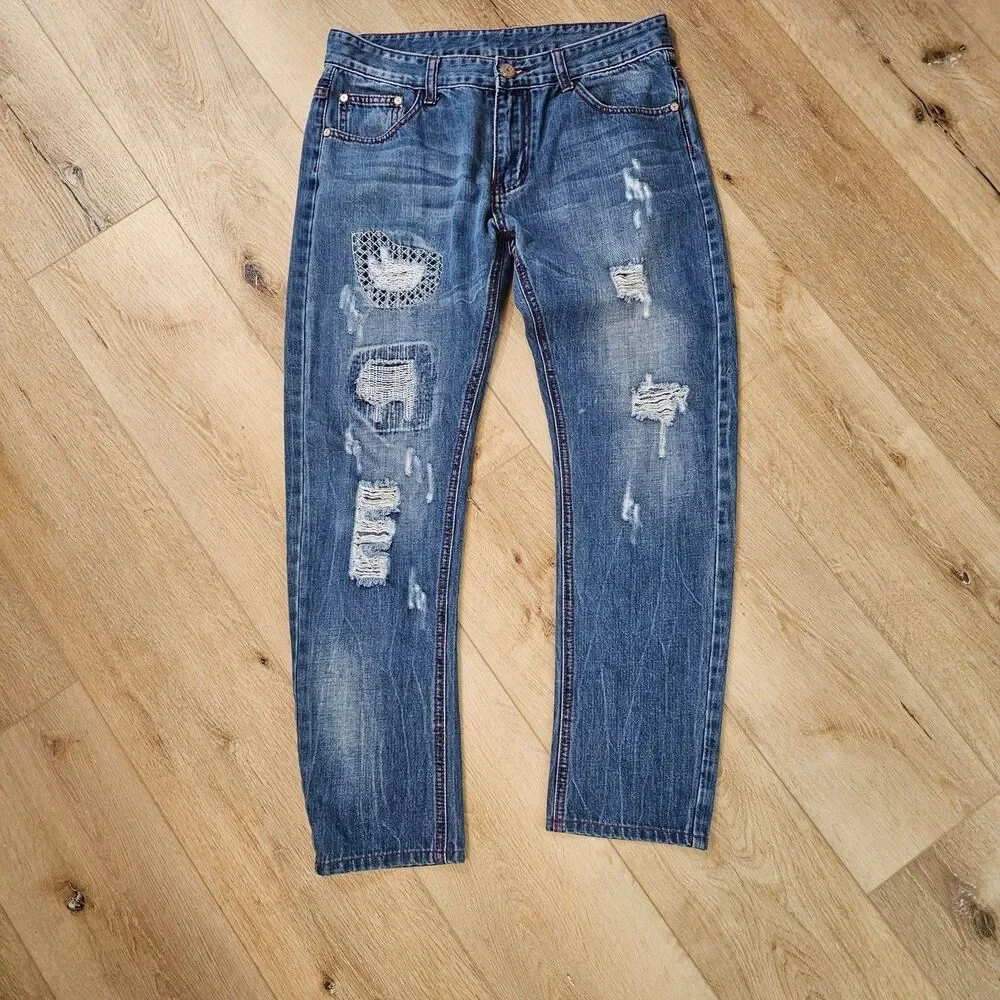 Vintage Destroyed Repaired Patched Jeans 32x27 Thrashed Grunge Streetwear Rock
